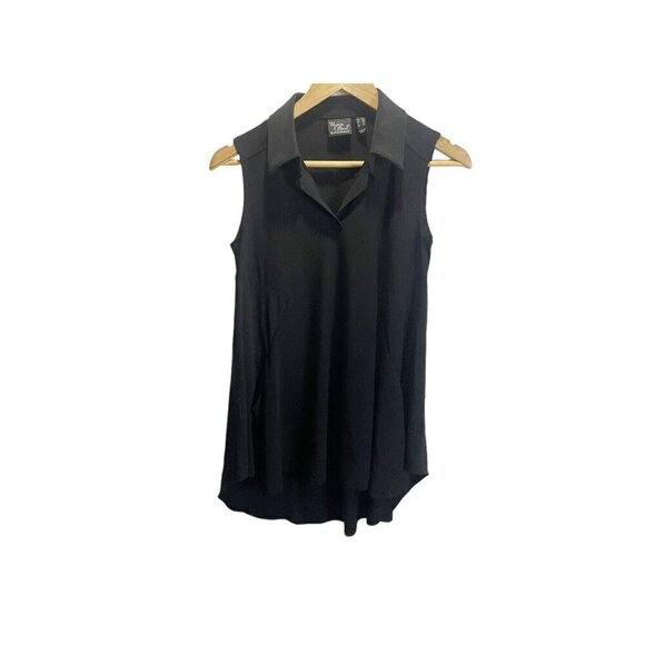 Women with Control Tops - Women With Control XSP Black Tunic Collared V Neck Pockets Sleeveless Hi Low Hem